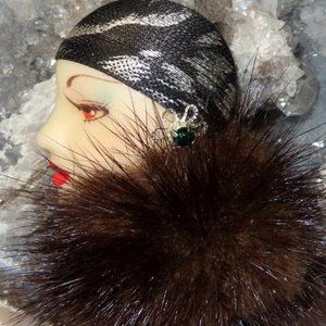 Vintage Art Deco Brooch • Lady Face Brooch Pin • Genuine Mink Collar • Scarf Pin